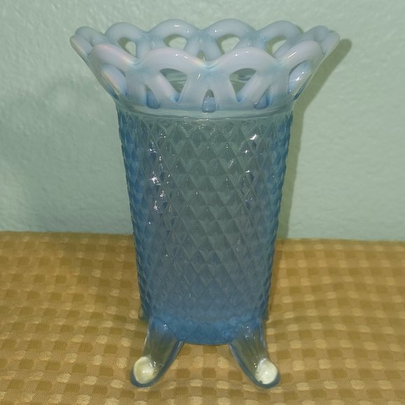 Vintage Imperial Glass Katy Blue Opalescent Vase with Lace Top - Picture 2 of 6